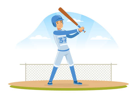 Young Man Character Playing Baseball or Bat-and-ball Game on the Field Vector Illustrationのイラスト素材