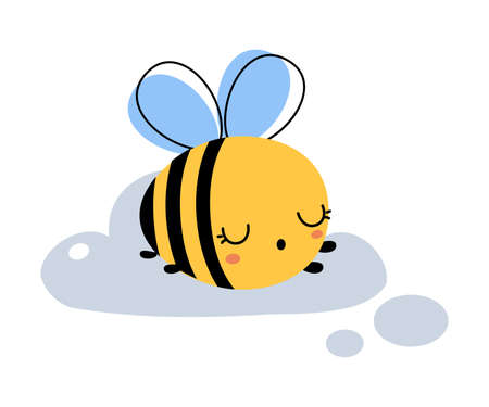 Cute Honey Bee Sleeping on Cloud, Lovely Flying Insect Character Cartoon Vector Illustrationのイラスト素材