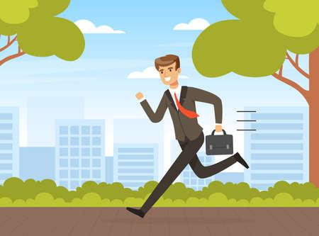 Businessman in Hurry Running with Briefcase Outdoors Vector Illustrationのイラスト素材
