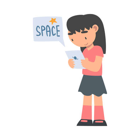 Curious Little Girl Reading Booklet about Solar Planets Studying Space and Galaxy Vector Illustrationのイラスト素材