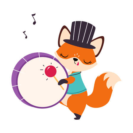 Circus Fox Animal in Top Hat Beating Drum Performing Trick Vector Illustrationのイラスト素材