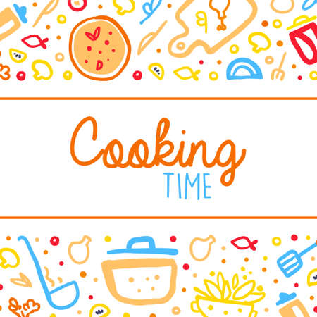 Cooking Time Banner, Culinary School, Cooking Class Poster, Card with Kitchenware Utensils and Ingredients Seamless Pattern Vector Illustrationのイラスト素材