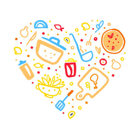 Cooking Banner, Culinary Poster, Card, Flyer Template with Kitchenware Utensils and Cooking Ingredients of Heart Shape Vector Illustrationのイラスト素材