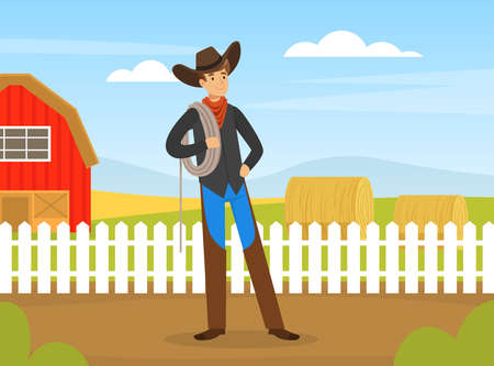 Cowboy Character Working on Farm, Male Farmer Standing with Lasso on Background of Rural Landscape Vector Illustrationのイラスト素材