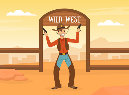 Wild West Concept, Cowboy Standing with Revolvers on Desert Landscape Vector Illustrationのイラスト素材