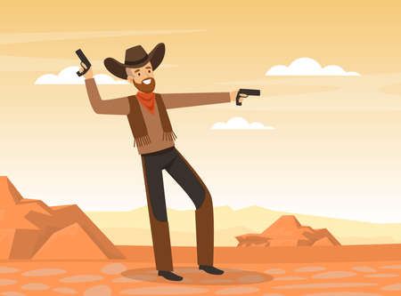 Scene of Wild West with Cowboy Shooting with Revolvers on Desert Landscape Vector Illustrationのイラスト素材
