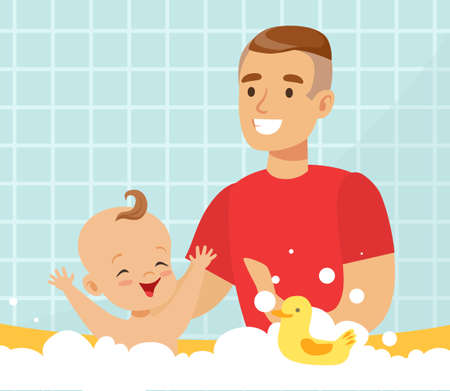Happy Cheerful Dad Bathing his Baby in Bathtub with Foam Bubbles Vector Illustrationのイラスト素材
