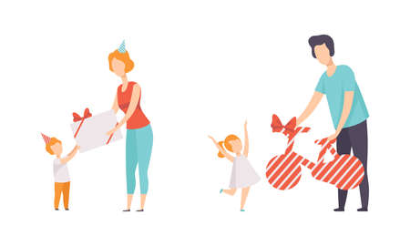 People Celebrating Holidays Set, Parents Giving Gifts to their Kids at Birthday Party Flat Vector Illustrationのイラスト素材