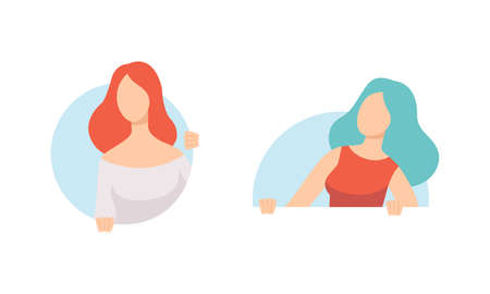 Set of Curious People, Female Characters Peeping and Looking out of Windows Flat Vector Illustrationのイラスト素材
