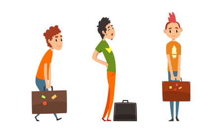 Set of Traveling People, Male Tourist Characters with Luggage Cartoon Vector Illustrationのイラスト素材