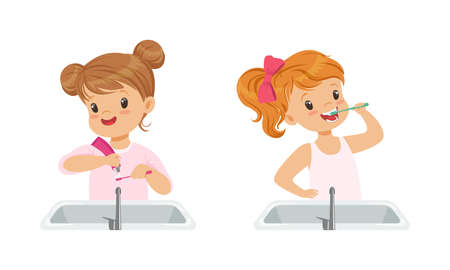 Cute Little Girls Brushing Teeth Set, Daily Routine Concept Cartoon Vector Illustrationのイラスト素材