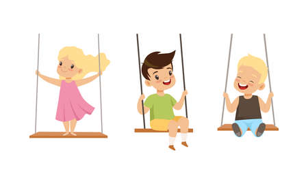 Set of Happy Kids Swinging on Rope Swings, Preschool Children Having Fun Outdoors Cartoon Vector Illustrationのイラスト素材