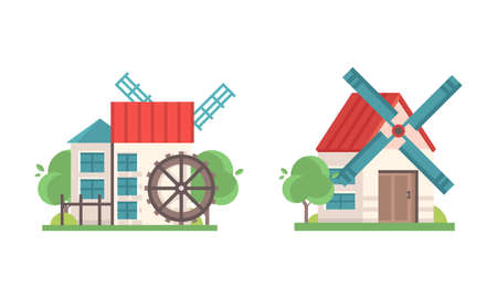 Set of Old Stone Mills, Ancient Windmill Rural Buildings Cartoon Vector Illustrationのイラスト素材