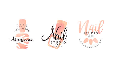 Nail Studio Logo Templates Design Set, Manicure Salon Badges and Labels Hand Drawn Vector Illustrationのイラスト素材