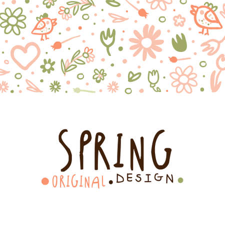 Tender Spring Hand Drawn Flowers in Vector Card Templateのイラスト素材
