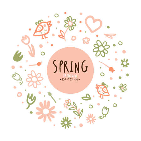 Tender Spring Hand Drawn Flowers in Circle Vector Arrangementのイラスト素材