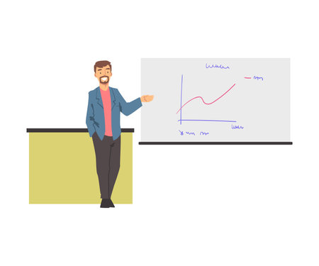 Training with Man Instructor Showing Graph on White Flipchart Vector Illustrationのイラスト素材