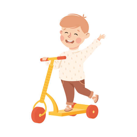 Smiling Boy Riding on Kick Scooter Pushing Off the Ground and Waving Hand Vector Illustrationのイラスト素材