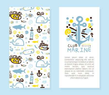 Marine Club Original Design Template, Poster, Banner, Background with Nautical Pattern and Text Vector Illustrationのイラスト素材