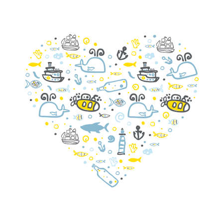 Marine and Nautical Symbols in Heart Shape, Banner, Poster, Background Template Vector Illustrationのイラスト素材