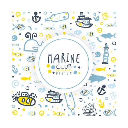 Marine Club Banner Template, Poster, Card, Background with Nautical Pattern Design Vector Illustrationのイラスト素材