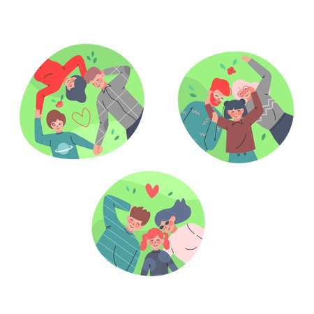 Happy Family with Mother, Father and Little Kid Lying on Green Lawn in Circle Frame Above View Vector Setのイラスト素材