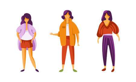 Set of Young Women Wearing Stylish Clothes, Fashionable Girls Dressed Trendy Clothing Cartoon Vector Illustrationのイラスト素材