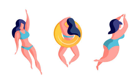 Top View of Beautiful Women Swimming and Sunbathing Set, Girls in Swimsuits Relaxing on Summer Vacation Cartoon Vector Illustrationのイラスト素材