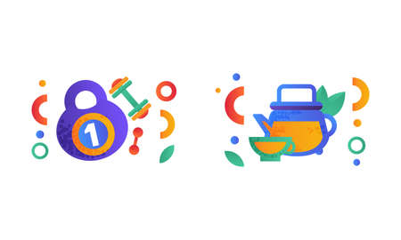 Healthy Lifestyle Symbols Set, Balanced Diet Food and Sports Equipment Signs, Kettlebell, Dumbbell, Glass Kettle of Green Tea Flat Vector Illustrationのイラスト素材