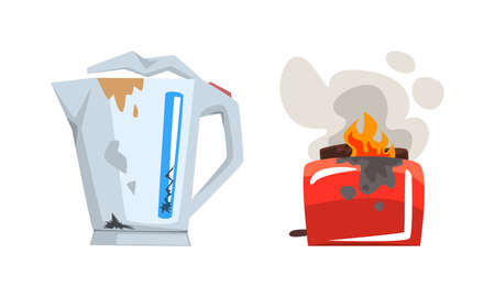 Damaged Home Appliances Set, Broken Kettle and Burning Toaster Cartoon Vector Illustrationのイラスト素材