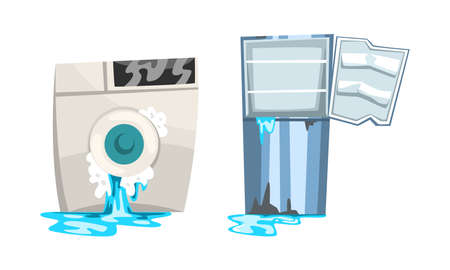 Damaged Home Appliances Set, Broken Washing Machine and Refrigerator with Leaking Water Cartoon Vector Illustrationのイラスト素材