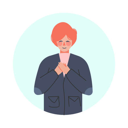 Smiling Man with Hands on Heart Making Positive Hand Gesture in Circular Frame Vector Illustrationのイラスト素材