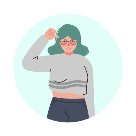 Young Woman Making Negative Hand Gesture Showing Thumb Down in Circular Frame Vector Illustrationのイラスト素材