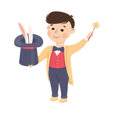 Little Boy with Magic Wand and Top Hat Representing Magician Profession Vector Illustrationのイラスト素材