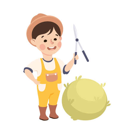 Little Boy with Pruner Cutting Bush Representing Gardener or Farmer Profession Vector Illustrationのイラスト素材