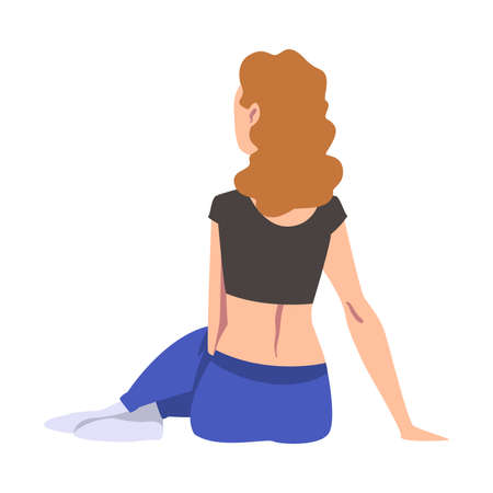 Back View of Girl Sitting on Floor Cartoon Vector Illustrationのイラスト素材