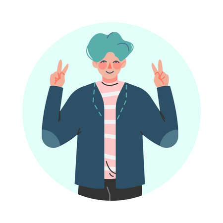 Young Smiling Man Making Positive Hand Gesture in Circular Frame Vector Illustrationのイラスト素材