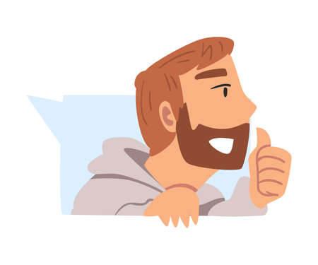Cheerful Bearded Man Showing Approval or Like Gesture, Teenager Doing Thumb Up Cartoon Vector Illustrationのイラスト素材