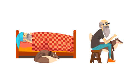 Old Man and his Dog Set, Lonely Senior Man Sleeping with his Pet Animal Cartoon Vector Illustrationのイラスト素材