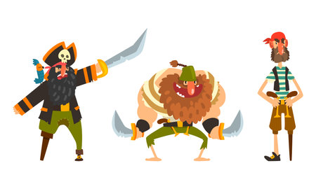 Funny Pirates Set, Captain and Sailor Characters Cartoon Vector Illustrationのイラスト素材