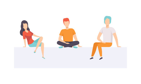 People Sitting and Talking, Group of Students in Casual Clothes Sitting on Isolated White Backgroundのイラスト素材