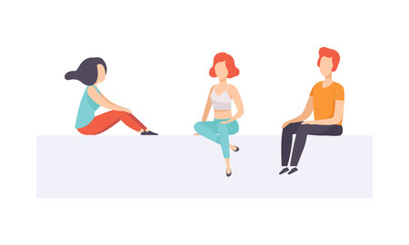 People Sitting and Talking, Group of Young Man and Woman in Casual Clothes Sitting on Isolated White Backgroundのイラスト素材