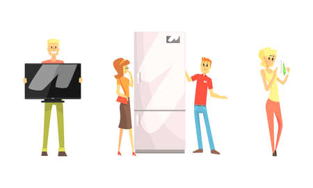 People Buying Various Household Appliances Set, Man and Woman Choosing TV, Iron, Fridge at Electronics Store Cartoon Vector Illustrationのイラスト素材