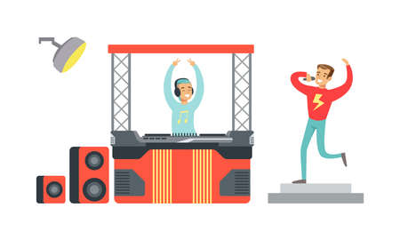 DJ Playing Music and Male Singer Singing with Microphone on Stage Set Cartoon Vector Illustrationのイラスト素材