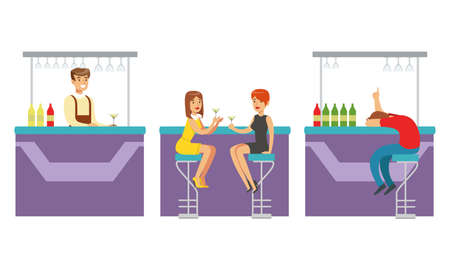 People Drinking Alcohol Drinks at the Bar, Bartender Serving Visitors Cartoon Vector Illustrationのイラスト素材
