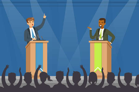 Leaders of Opposing Political Parties Talking on Public Debates, Politicians Standing Behind Rostrum...