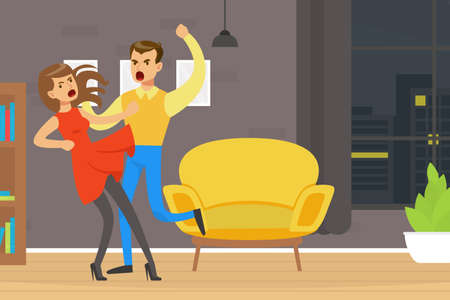 Couple Fighting and Shouting at Each Other, Conflict Between Husband and Wife, Divorce, Human Relations, Family Quarrel Vector Illustrationのイラスト素材