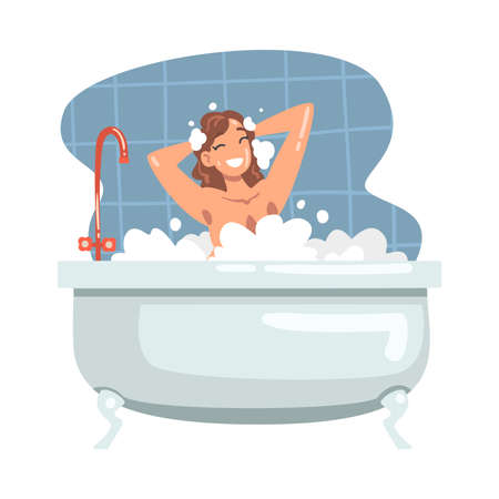 Young Female Bathing in the Bathtub Washing Her Hair and Body with Shampoo Vector Illustration