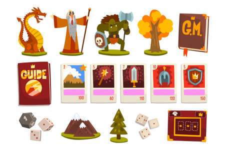 Set of Fantasy Magic Board Game Elements, Figures of Wizard, Dragon, Monster and Playing Cards Cartoon Vector Illustrationのイラスト素材