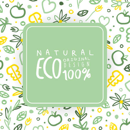 Eco Natural Original Design Banner, Healthy Vegetarian Food, Eco Store, Farm Market, Eco Friendly Background Vector Illustrationのイラスト素材